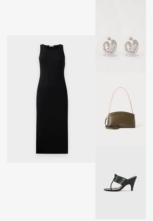 Ärmeloses schwarzes Maxikleid mit rundem Ausschnitt und figurbetonter Silhouette, auf einem schlichten hellen Hintergrund präsentiert.; Schwarze Sandalette mit hohem Absatz, breitem Vorderriemen und Zehenschlaufe mit einer geknoteten Kordel als Detail, seitlich auf weißem Hintergrund dargestellt.; Olivgrüne Michael Kors Handtasche mit goldener Kettenschulterriemen, gebogenem oberen Rand und kleinem goldenen Logo auf der Vorderseite, vor weißem Hintergrund.; Silberne Metallearrings mit einem gewellten Design, die glatte Oberflächen und ein poliertes Finish aufweisen und mit einem Schmetterlingsverschluss gesichert sind.