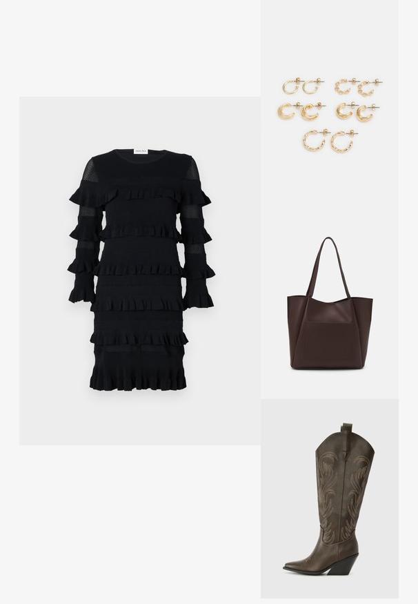 Schwarzes Kleid mit geschichteten Rüschen, langen Ärmeln mit Netzakzenten und einem gerippten Struktur. Rundhalsausschnitt, Midi-Länge.; Braune Leder-Cowboystiefel mit einer spitzen Zehe, Wedge-Absatz und dekorativer Stickerei. Besitzt einen hohen Schaft und eine Zuglasche.; Braune Tragetasche aus glattem Material, mit einer großen Fronttasche, zwei Griffen und einem vereinfachten, strukturierten Design.; Goldfarbene Ohrringe im Set, die verschiedene Formen aufweisen: kleine Creolen, massige Halbmonde und Kettenakzente. Glatte und strukturierte Oberflächen.