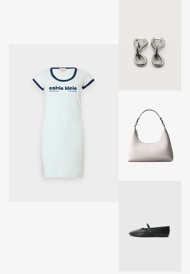Witte katoenen jurk met een slim-fit ontwerp, rond navy ribbelkraag en korte mouwen. Kenmerkt zwarte tekst: "calvin klein" en "West 39th Street New York City."; Zwarte leren balletschoenen met een spitse neus, platte zool en een kleine strap met een zilveren gespsluiting.; Romige Calvin Klein leren schoudertas met gebogen bovenrand, zilveren rits en donkerbruine verstelbare riem.; Set zilverkleurige metalen oorbellen met een abstract ontwerp van in elkaar grijpende lussen op een witte achtergrond.