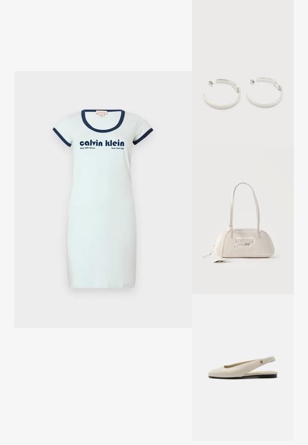 Robe en coton blanche avec une coupe ajustée, encolure arrondie en côtes marine et manches courtes. Présente un texte noir : "calvin klein" et "West 39th Street New York City."; Chaussure plate slingback en cuir couleur crème avec un bout arrondi et un petit emblème doré sur la bride.; Sac d'épaule rectangulaire de couleur crème avec longues bretelles, logo "tommy jeans" en argent sur le devant, et une étiquette pendante attachée à la fermeture éclair.; Boucles d'oreilles demi-cercles ton argent avec texture striée et fermoirs à pression sur fond blanc.