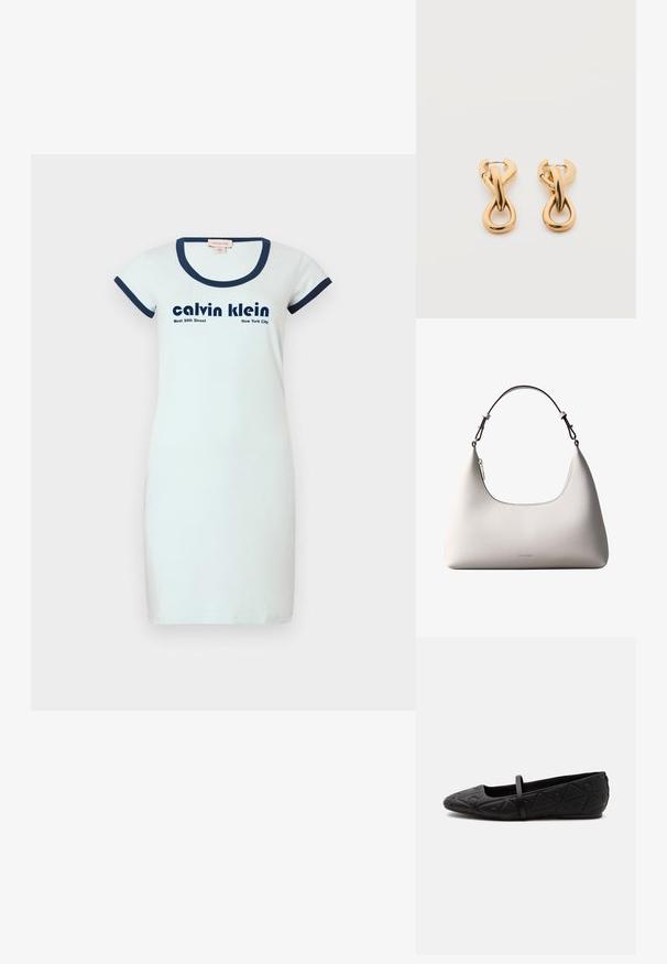 Witte katoenen jurk met een slim-fit ontwerp, rond navy ribbelkraag en korte mouwen. Kenmerkt zwarte tekst: "calvin klein" en "West 39th Street New York City."; Zwarte platte schoen met afgeronde neus, geperst geometrisch patroon en een enkele dunne band over de bovenkant, zijaanzicht.; Romige Calvin Klein leren schoudertas met gebogen bovenrand, zilveren rits en donkerbruine verstelbare riem.; Een paar glanzende oorringen in goudkleur met een lusvormige, gedraaide en verstrengelde ontwerp, afgebeeld op een eenvoudige witte achtergrond.