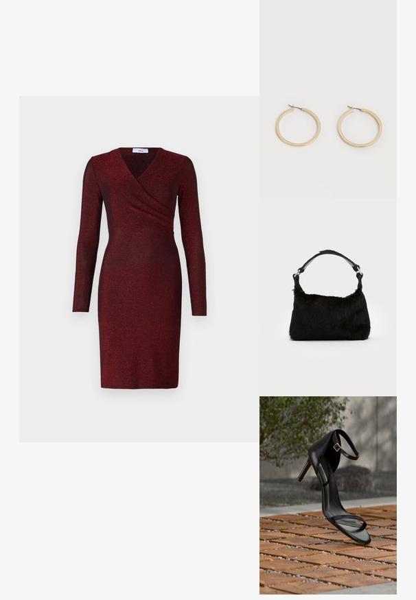 Robe à manches longues de couleur rouge profond avec un tissu scintillant. Présente un design enveloppant avec une silhouette cintrée et un décolleté en V.; Sandale noire à talon haut avec sangle à la cheville, suspendue au-dessus d'un sol en carreaux de bois à l'extérieur, avec un arrière-plan flou de verdure et de pierre.; Sac à main en fausse fourrure noire avec une texture douce, une forme arrondie et une bandoulière en cuir noir robuste. Accent en métal argenté visible.; Paire de boucles d'oreilles créoles moyennes lisses ton or avec fermoirs à charnière sur fond clair uni.