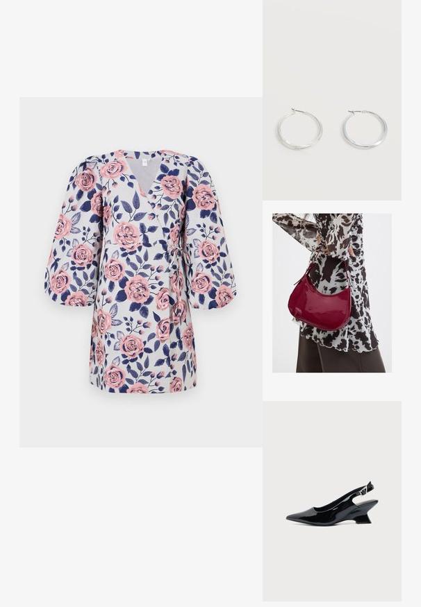 Vestido envolvente floral con fondo gris claro, rosas rosas, hojas azul oscuro y mangas de globo de tres cuartos. Se ata en la cintura.; Zapato slingback de cuero charol negro con puntera puntiaguda y tacón bajo en bloque inclinado sobre fondo claro liso.; Mujer con blusa de estampado en blanco y negro sosteniendo un bolso de hombro rojo brillante sobre un fondo liso.; Pendientes de aro de metal plateado con superficie lisa y ligeramente curvada y cierre de tipo mosquetón sobre un fondo blanco liso.