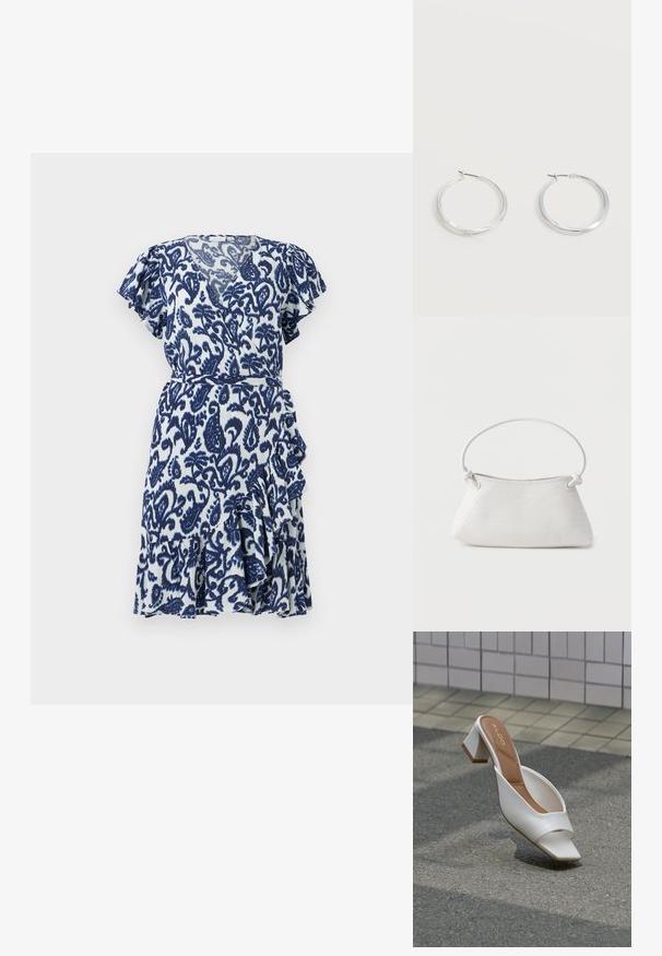 Kurzes blau-weißes Wickelkleid mit Flatterärmeln, das ein Paisleymuster, einen rüschenden Saum und einen Gürtel in der Taille aufweist. Leichter Stoff.; Weißer offen zehiger Mule mit Blockabsatz und hellbrauner Innensohle mit der Aufschrift „ALDO“, positioniert auf Asphalt vor einer gefliesten Wand.; Weiße gewebte Lederhandtasche mit abgerundetem Griff und verknoteten Riemenenden, vor schlichtem Hintergrund präsentiert.; Silberne Metallcreolen mit glatter, leicht gebogener Oberfläche und Klappverschluss vor schlicht weißem Hintergrund.