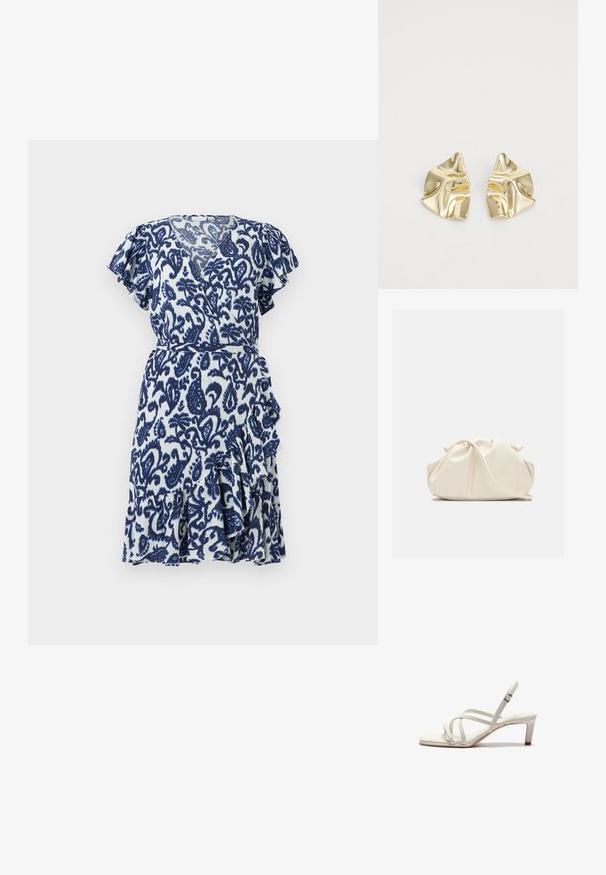 Lühike sinine ja valge mähiskleit lilledega, millel on lennukahed varrukad, paisley muster, volangiga alläär ja vöö talje ümber. Kerge kangas.; Zign by Zalando Klassikalised kontsakingad - off white; Pehme kergelt kreemikas nahast klapi-tüüpi kott kokkutõmmatud volditud disainiga ning õhuke õlarihm ees rahuldaval taustal.; Kuldsetest metallist kõrvarõngad lainelise disainiga; sile, peegeldav pind; asümmeetriline kuju; nähtavad mustrid või kinnitused puuduvad.