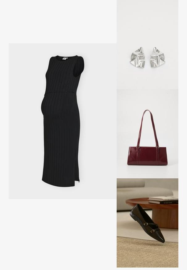 Robe midi noire sans manches en côte avec fente latérale, conçue pour la maternité avec une silhouette ajustée et un col rond.; Chaussure plate noire à bout pointu avec deux fines brides à boucle flottant au-dessus d'un tapis beige, avec une table basse en bois et des livres en arrière-plan.; Sac à main bordeaux en matériau brillant, de forme rectangulaire, avec deux anses et des accents légèrement courbés à l'avant.; Boucles d'oreilles en métal argenté avec un design ondulé et sculptural, présentant une finition polie et des formes irrégulières, mettant en valeur une esthétique contemporaine.