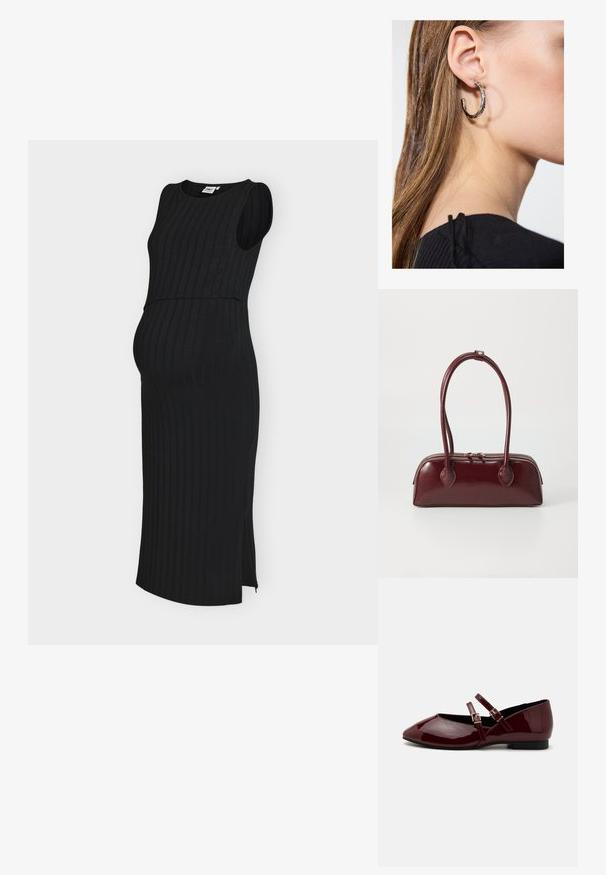 Robe midi noire sans manches en côte avec fente latérale, conçue pour la maternité avec une silhouette ajustée et un col rond.; Anna Field Babies - dark red; Sac à main en cuir bordeaux avec une forme courbée, deux poignées, fermeture éclair et détails de couture subtils. Fini lisse et brillant.; Boucle d'oreille en argent avec une finition polie, présentant de petits détails en or et de forme ronde, portée sur le lobe.