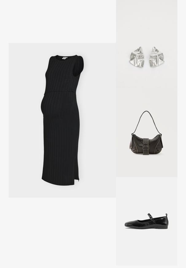 Robe midi noire sans manches en côte avec fente latérale, conçue pour la maternité avec une silhouette ajustée et un col rond.; Chaussure plate en cuir verni noir avec un bout pointu, une sangle de cheville avec boucles, et une texture lisse et brillante. Talon bas pour le confort.; Sac à épaule en cuir noir avec une sangle à boucle, des bords arrondis et des coutures blanches contrastées sur un fond uni.; Boucles d'oreilles en métal argenté avec un design ondulé et sculptural, présentant une finition polie et des formes irrégulières, mettant en valeur une esthétique contemporaine.