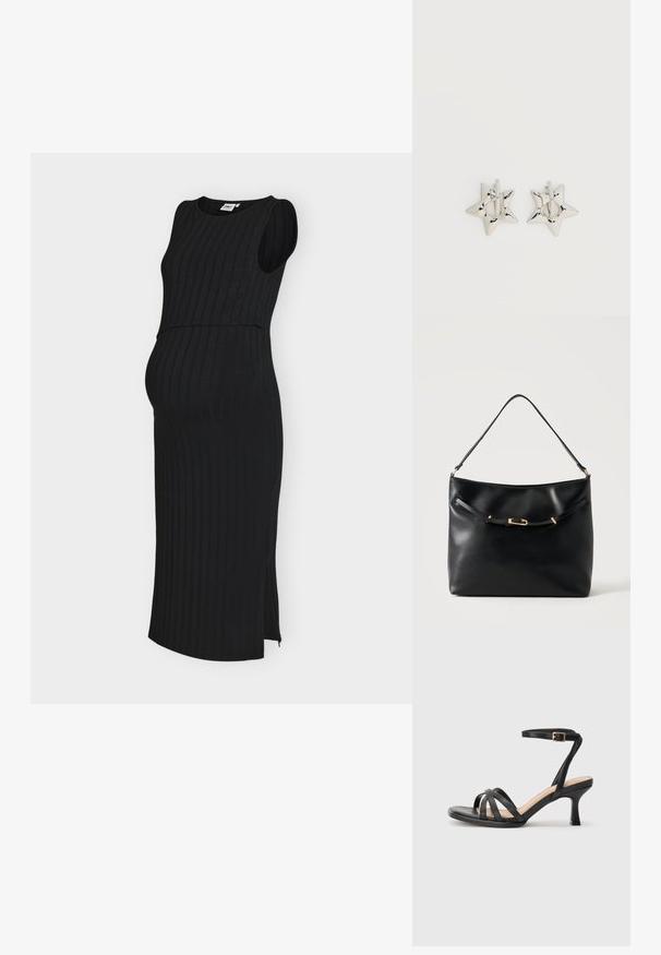 Robe midi noire sans manches en côte avec fente latérale, conçue pour la maternité avec une silhouette ajustée et un col rond.; Sandales à talons noirs avec plusieurs fines lanières sur le bout, une seule lanière à la cheville avec une boucle dorée, et un bout carré.; Sac à épaule en cuir noir avec une bandoulière unique et un petit détail de boucle dorée à l'avant, sur un fond clair uni.; Boucles d’oreilles créoles en forme d’étoile argentée avec une finition lisse et polie sur un fond blanc uni.