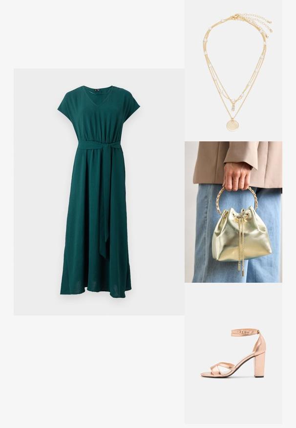 Lang teal kjole lavet af letvægtsstof, der har en V-udskæring, korte ærmer, en indsnævret talje og et bundet bælte for ekstra detaljer.; Anna Field LEATHER - Sandaler - rose gold coloured; Metallic guld bucket taske med snøre lukning, prydet med et guldkæde håndtag og to dekorative kædetræk foran.; Guldtonet lagdelt halskæde med flere kæder, perler, en rektangulær vedhæng og et cirkulært charms. Teksturerede og blandede materialer.
