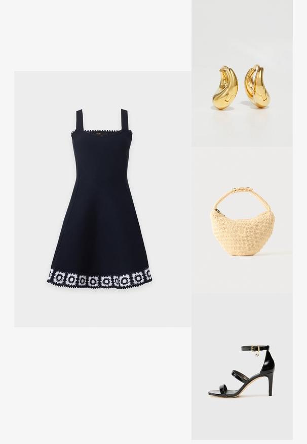 Robe noire sans manches avec encolure carrée et bordure florale en crochet blanc le long de l'ourlet sur un fond clair uni.; Sandale en cuir verni noir avec trois brides, boucle de cheville et talon aiguille de 10 cm. Présente un détail en métal doré et un charm logo.; Sac à main beige tissé avec corps arrondi, fermeture éclair et une sangle courte et épaisse dans un style crochet simple et texturé.; Boucles d'oreilles en or en forme de d'anneaux lisses et courbés avec une finition polie. Équipées d'un mécanisme de fermeture et de légères indentations pour le détail.