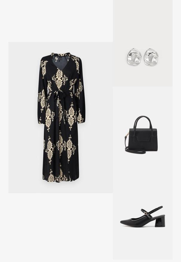 Schwarzes Kleid mit langen Ärmeln, V-Ausschnitt, gerafftem Taillengürtel und goldenen abstrakten Blumenmustern. Weicher Stoff und knöchellanges Design.; Schwarze Lackleder-Slingback-Absätze mit spitzer Zehenform, einem runden Ausschnitt-Design und einem Blockabsatz. Mit einem goldfarbenen Schnallenakzent.; Schwarze strukturierte Handtasche aus Leder mit einem oberen Tragegriff, abnehmbarem Schulterriemen und einer Klappe auf der Vorderseite. Akzente in Goldmetall.; Silberne, abstrakt geformte Ohrstecker mit polierter Oberfläche, die durch sanfte Kurven und subtile Konturen bestechen. Keine sichtbaren Muster oder Akzente.