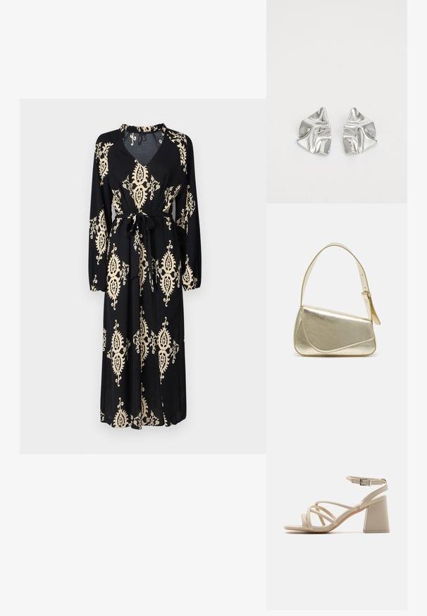 Schwarzes Kleid mit langen Ärmeln, V-Ausschnitt, gerafftem Taillengürtel und goldenen abstrakten Blumenmustern. Weicher Stoff und knöchellanges Design.; Beige High-Heelsandalen mit überkreuzten Riemen, einem Knöchelverschluss und einem quadratischen Blockabsatz für Stabilität. Glatte, lederähnliche Oberfläche.; Goldfarbene metallische Handtasche mit strukturiertem Design, glatter Textur und verstellbarem Tragegurt. Sie verfügt über eine einzigartige dreieckige Form und minimalistische Nähte.; Silberne Metallohrringe mit einem wellenförmigen, skulpturalen Design, das eine polierte Oberfläche und unregelmäßige Formen aufweist, die eine zeitgenössische Ästhetik betonen.