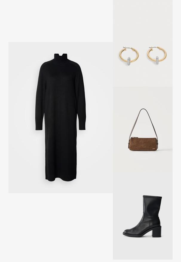 Robe en tricot noir avec un col montant, des manches longues et des poignets côtelés. Présente une silhouette droite et des fentes sur les côtés dans l'ourlet.; Botte en cuir noir à cheville avec un bout rond, texture lisse et un talon épais, présentant un tige ajustée et un subtil détail de couture.; Petit sac à bandoulière rectangulaire en daim marron avec une fine sangle marron foncé et une fermeture éclair dorée, marqué "HUGO" dans un coin.; Paire de boucles d'oreilles créoles dorées avec un petit détail boucle ton argent sur chaque, exposées sur fond gris clair.