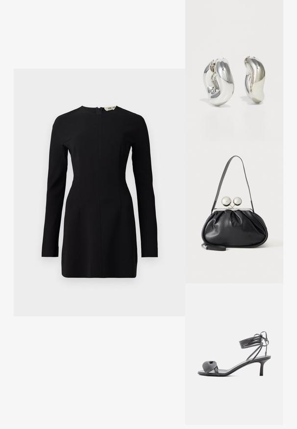 Robe noire à manches longues avec un col montant, silhouette ajustée et fermeture éclair au dos. Fabriquée dans un tissu lisse avec un minimum de détails.; Sandale à talon en cuir gris avec une bride nouée sur les orteils et des lacets enroulants autour de la cheville, sur un talon moyen et fin, sur fond blanc.; Sac à main en cuir noir avec un design plissé, une sangle unique, un cadre métallique argenté et deux grandes fermoirs ronds en argent.; Boucles d'oreilles sculpturales en argent avec des formes douces et courbes et des surfaces réfléchissantes. Présentent un design de boucle fermée et une forme organique distincte.