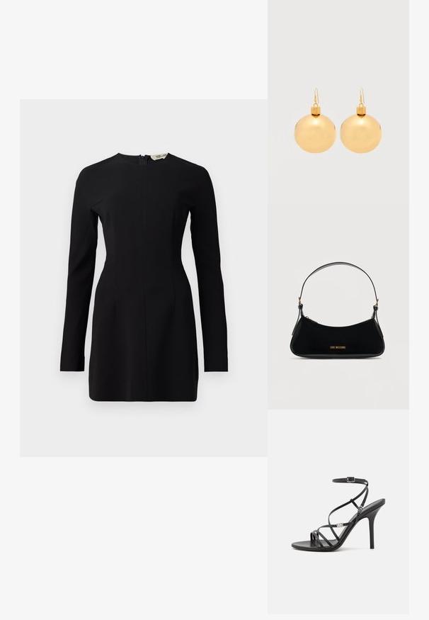 Robe noire à manches longues avec un col montant, silhouette ajustée et fermeture éclair au dos. Fabriquée dans un tissu lisse avec un minimum de détails.; Sandale noire à talons hauts avec des brides fines, une boucle à la cheville, une surface en cuir lisse et un talon aiguille élancé.; Sac à bandoulière en cuir verni noir de forme incurvée, logo doré "LOVE MOSCHINO" sur le devant, et bandoulière ajustable avec ferrures dorées.; Paire de boucles d'oreilles boule de Noël dorées brillantes avec fermoirs à crochet sur fond blanc uni.