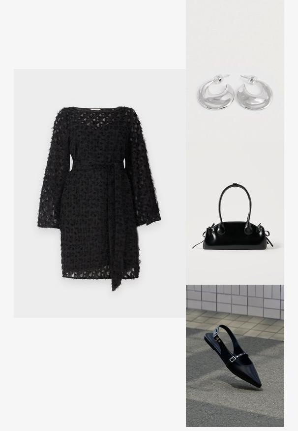 Vestido negro de tela texturizada con un patrón floral, mangas largas y un cinturón atado en la cintura.; Zapato plano negro de punta puntiaguda con tiras de doble hebilla y talón descubierto, descansando sobre asfalto gris cerca de una pared con azulejos.; Pequeño bolso negro brillante con dos asas largas y detalles de cordón lateral sobre un fondo claro liso.; Un par de pendientes de aro en forma de media luna pulidos en plata, con respaldos de plástico transparente, sobre una superficie blanca.
