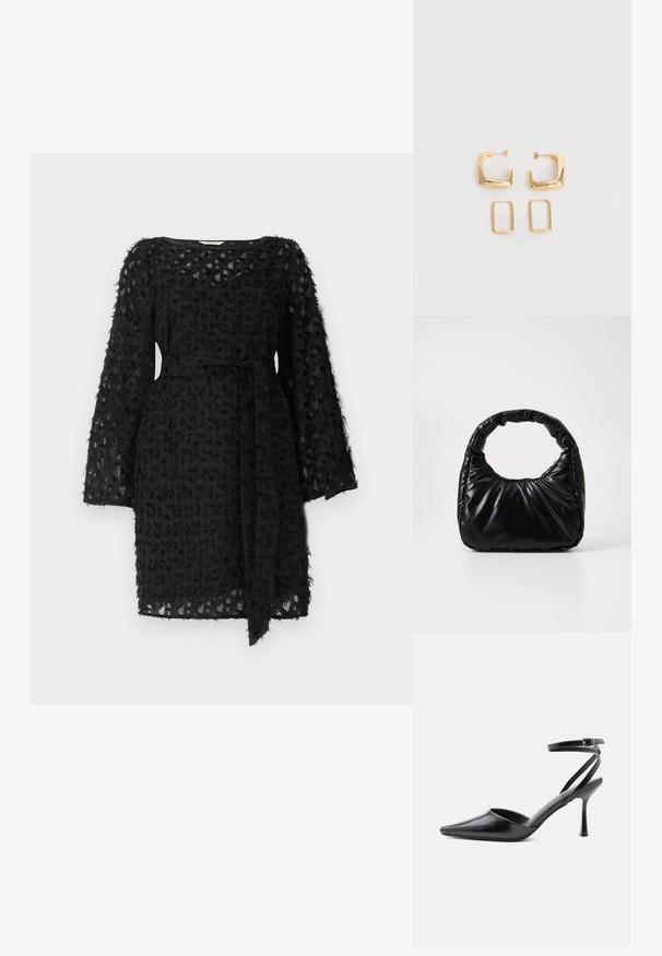 Schwarzes Kleid aus strukturiertem Stoff mit floralem Muster, langen Ärmeln und einem gebundenen Gürtel in der Taille.; Schwarzer spitzer High Heel mit dünnen Knöchelriemen und silberner Schnalle auf einfachem hellem Hintergrund.; Schwarze gepolsterte Handtasche mit einem runden Griff, die eine glatte, glänzende Oberfläche und eine weiche, gestepfte Textur aufweist. Keine sichtbare Hardware oder Akzente.; Zwei Paare goldfarbener geometrischer Creolen auf einer schlichten weißen Oberfläche, ein Paar quadratisch und massiv, ein Paar rechteckig und hohl.