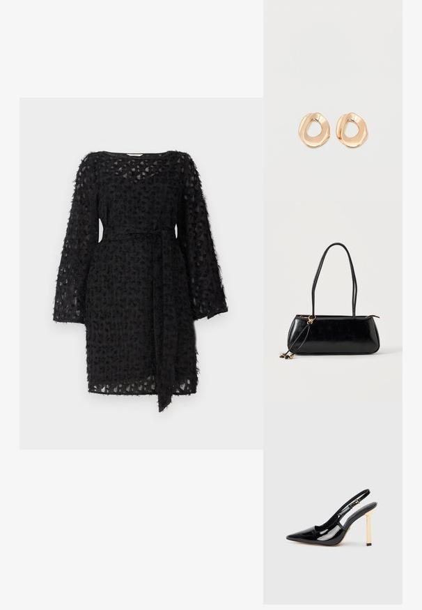 Schwarzes Kleid aus strukturiertem Stoff mit floralem Muster, langen Ärmeln und einem gebundenen Gürtel in der Taille.; Schwarze patentierte Slingback-Pumps mit spitzer Nase und goldfarbigem quadratischem Absatz. Mit verstellbarem Knöchelriemen.; Schwarze rechteckige Handtasche mit zwei langen Trägern, goldfarbenem Ringdetail und Reißverschluss auf hellem, einfarbigem Hintergrund.; Paar unregelmäßig geformter, polierter Creolen aus goldfarbenem Metall mit offenem Zentrum auf weißem Hintergrund.