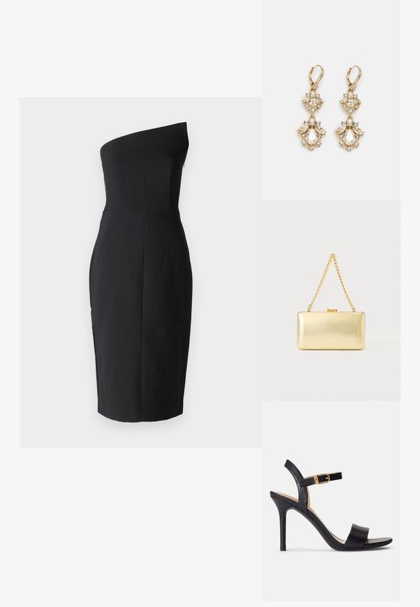 Robe noire ajustée avec un design asymétrique sur une épaule. Fabriquée en tissu lisse, elle présente un corsage structuré et une jupe arrivant au genou. Sans fermetures visibles.; Sandales à talons hauts noires avec un dessus en cuir lisse, bout ouvert et un design à une seule sangle agrémenté d'une boucle en or.; Pochette rectangulaire dorée à finition brillante, fermoir en métal et courte anse en chaîne dorée sur un fond uni clair.; Boucles d'oreilles pendantes dorées présentant un design en grappe avec des cristaux clairs ronds et en forme de goutte, mettant en valeur des détails élaborés.