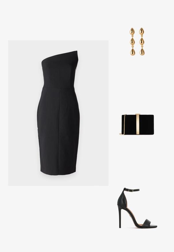 Robe noire ajustée avec un design asymétrique sur une épaule. Fabriquée en tissu lisse, elle présente un corsage structuré et une jupe arrivant au genou. Sans fermetures visibles.; Sandale à talon haut en cuir noir avec une bride étroite à la cheville, un design à bout ouvert et un talon aiguille élégant. Texture lisse avec des accents minimaux.; Pochette en velours noir avec un accent en métal doré au centre, dotée d'une chaîne et d'une forme rectangulaire élégante.; Boucles d'oreilles pendantes dorées avec trois segments lisses en forme de goutte d'eau reliés entre eux, présentés sur un fond blanc.