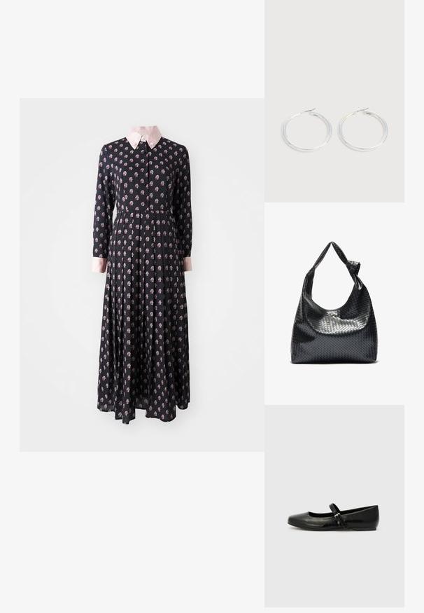 Vestido negro de manga larga con un cuello rosa, que presenta un patrón floral. Fabricado con una tela ligera, con cintura ajustada y falda acampanada.; Bailarinas de cuero negro con punta redondeada, suela plana y una delgada correa ajustable en el empeine que cuenta con una hebilla de metal.; Bolso de cuero trenzado negro con un diseño relajado, que presenta una correa anudada y un pequeño tachuela dorada decorativa en la parte superior.; Pareja de pendientes de aro plateados brillantes con cierres de alambre delgado, mostrados sobre un fondo gris claro.