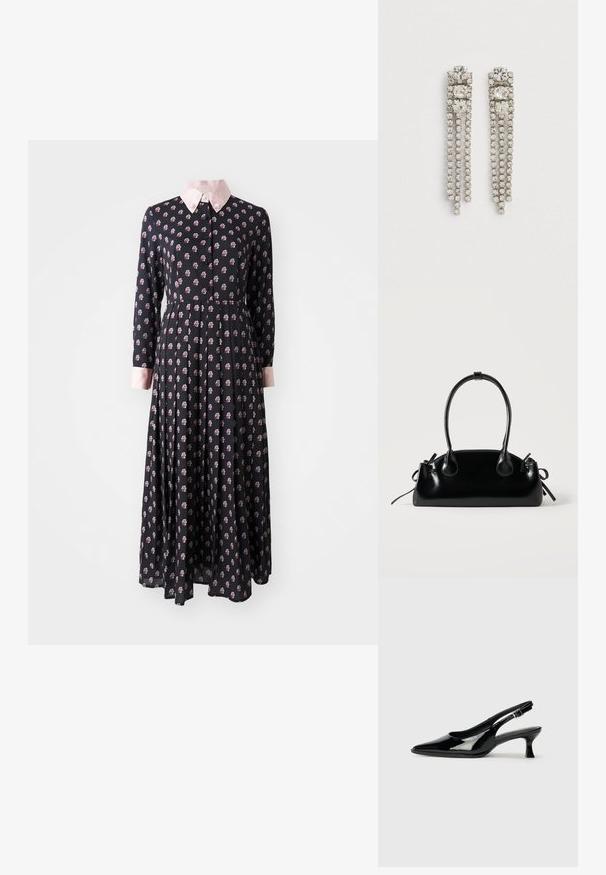 Vestido negro de manga larga con un cuello rosa, que presenta un patrón floral. Fabricado con una tela ligera, con cintura ajustada y falda acampanada.; Zapatos de charol negro tipo slingback con punta afilada y tacón bajo. Correa ajustable con hebilla en el tobillo.; Pequeño bolso negro brillante con dos asas largas y detalles de cordón lateral sobre un fondo claro liso.; Pendientes colgantes de tono plateado con tres grandes cristales cuadrados en la parte superior y tres hebras de cristales redondos más pequeños colgando debajo.