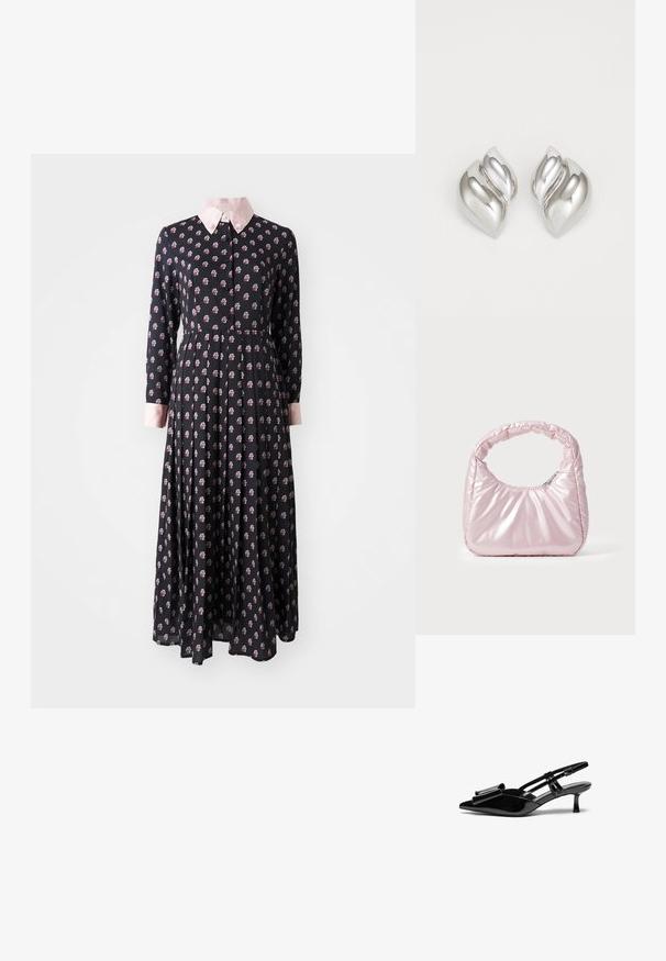 Schwarzes langärmliges Kleid mit pinkem Kragen, das ein Blumenmuster aufweist. Hergestellt aus leichtem Stoff mit tailliertem Schnitt und ausgestellt Rock.; Schwarze Lackleder-Slingbacks mit spitzer Zehenpartie, einer Schleifendetail an der Vorderseite und einem kleinen Stiletto-Absatz. Die Riemen haben verstellbare Schnallen.; Rosa, gepolsterte Handtasche mit abgerundeter Form, aus glänzendem Material gefertigt. Verfügt über einen gerafften Griff und einen Reißverschluss für sicheren Zugang.; Silberne Ohrringe mit einer organischen, abstrakten Form. Glatte, glänzende Oberfläche mit einem konischen Design. Mit dezenten Kurven und einem zentralen Linienelement.