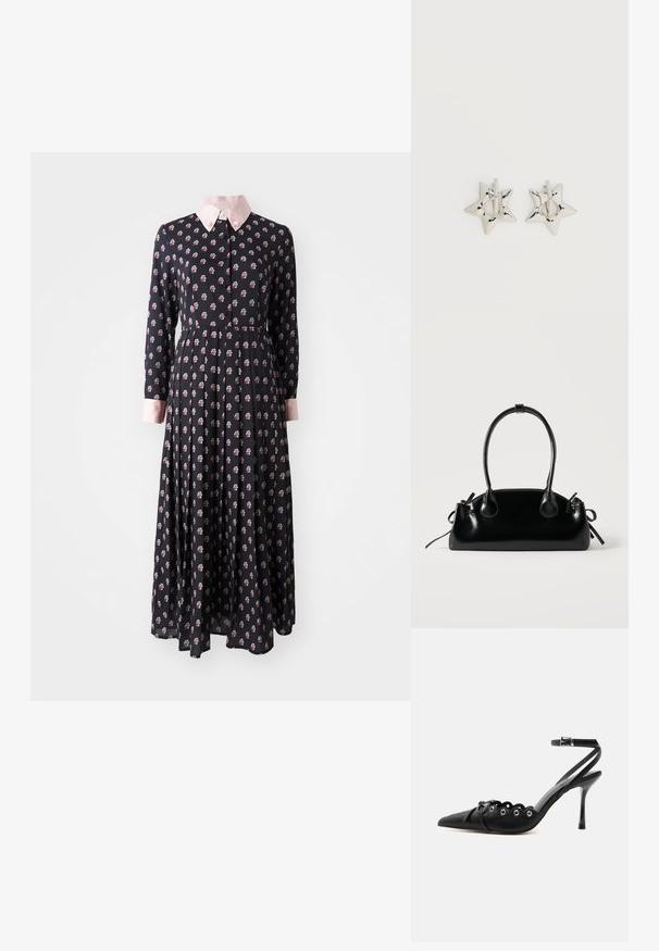 Schwarzes langärmliges Kleid mit pinkem Kragen, das ein Blumenmuster aufweist. Hergestellt aus leichtem Stoff mit tailliertem Schnitt und ausgestellt Rock.; Schwarzer, spitzer High-Heel-Schuh mit geschwungenen Kanten, Metallösen, Schnürung vorne und Knöchelriemen mit Schnallverschluss.; Kleine schwarze glänzende Handtasche mit zwei langen Griffen und seitlichen Kordelzug-Details vor einfachem hellem Hintergrund.; Silberne, sternförmige Creolen mit einer glatten, polierten Oberfläche auf weißem, schlichtem Hintergrund.