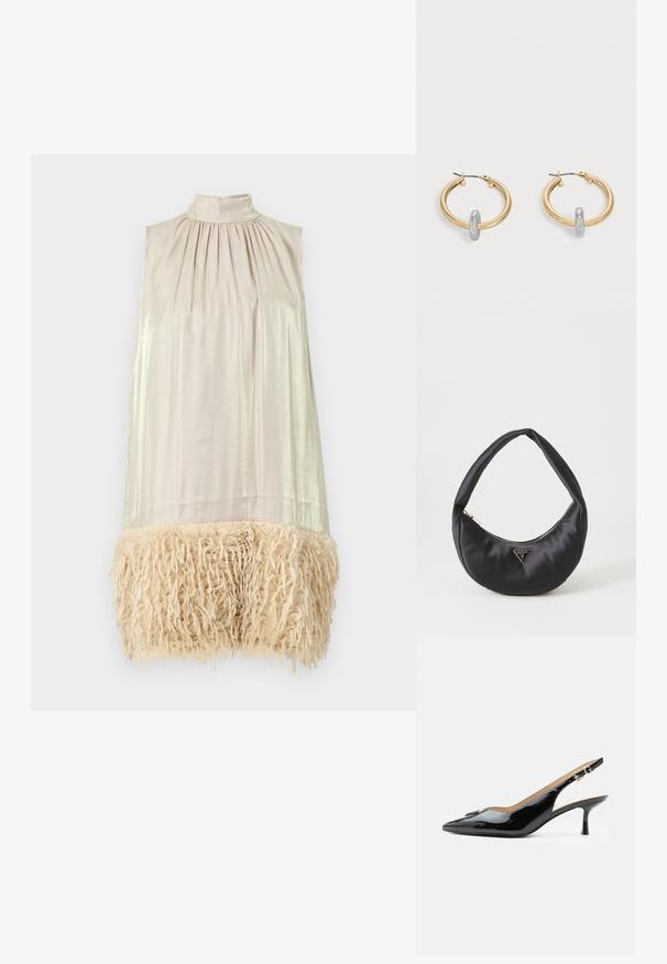 Vestido sin mangas con un cuello alto. Tela beige clara en la parte superior, con textura brillante. El dobladillo inferior tiene un fleco esponjoso de color crema.; Tacón slingback de charol negro con puntera puntiaguda, tacón pequeño tipo kitten y correa con hebilla plateada sobre un fondo blanco liso.; Bolso de satén negro con forma curva, que cuenta con un cierre de cremallera y un logo triangular en metal en la parte delantera. Textura suave y diseño elegante.; Par de pendientes de aro en tono dorado con pequeño detalle de aro en tono plateado en cada uno, expuestos sobre un fondo gris claro.