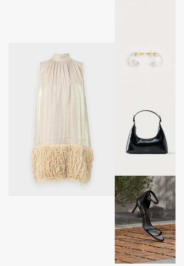 Vestido sin mangas con un cuello alto. Tela beige clara en la parte superior, con textura brillante. El dobladillo inferior tiene un fleco esponjoso de color crema.; Sandalia negra de tacón alto con correa en el tobillo, parece suspendida sobre un suelo de baldosas de madera al aire libre, con un fondo difuminado de vegetación y piedra.; Bolso negro brillante de Calvin Klein con cremallera dorada y correa corta sobre un fondo blanco liso.; Pendientes de aro de acrílico transparente con acentos dorados, que presentan un diseño curvado y un cierre transparente. Textura suave, estilo minimalista.