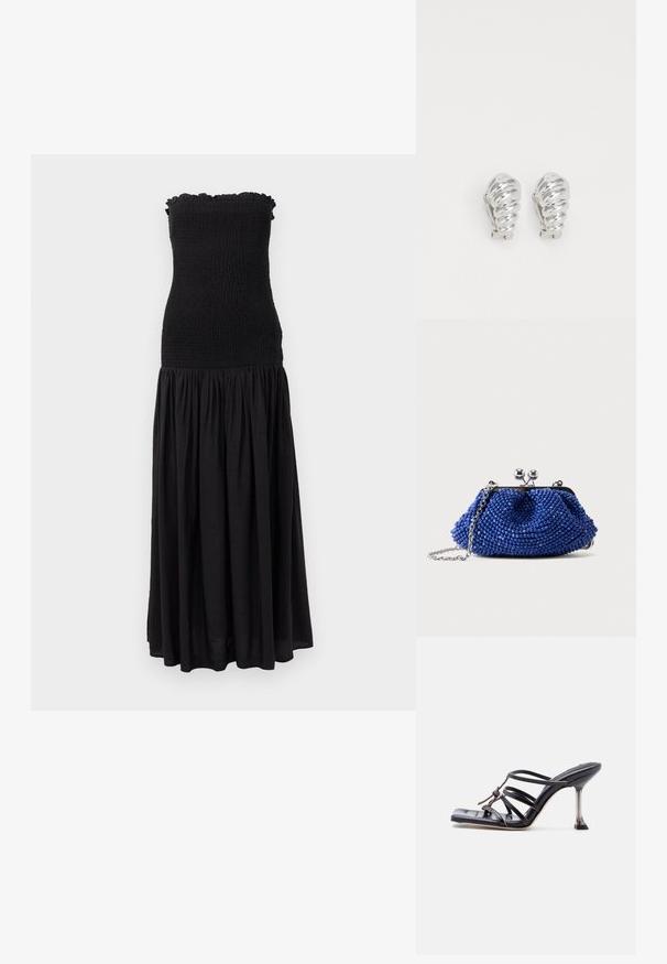 Robe maxi noire avec un corsage smocké, un bord supérieur volanté et une jupe fluide. Le tissu semble léger avec une texture subtile.; Sandale à talon haut noire avec brides fines, bout carré et talon stiletto mince, présentant des brides qui se croisent et un nœud décoratif sur le dessus.; Petit sac pochette bleu perlé avec fermoir argenté et bandoulière en chaîne, posé sur un fond uni gris clair.; Boucles d'oreilles en clip argentées avec un design en spirale, présentant une texture métallique lisse et des formes arrondies. Pas d'embellissements ou de motifs visibles.