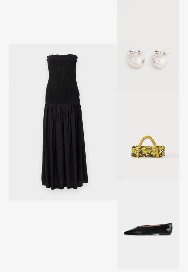 Robe maxi noire avec un corsage smocké, un bord supérieur volanté et une jupe fluide. Le tissu semble léger avec une texture subtile.; Chaussure plate en cuir noir pour femme, avec bout pointu et petit talon, vue de côté sur un fond gris clair uni.; Sac rectangulaire avec motif floral jaune et noir et anse tressée jaune et rose sur fond blanc.; Paire de boucles d'oreilles argentées brillantes et épaisses avec fermoirs à tige, sur fond blanc uni.