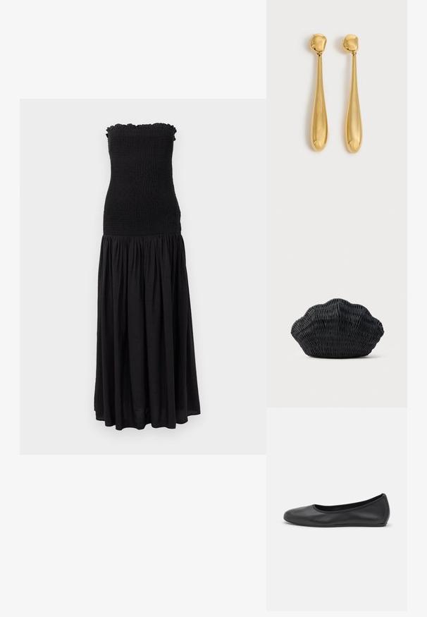 Sort maxikjole med smocket liv, blomstrede kanter og flydende nederdel. Stoffet virker let med en subtil tekstur.; Sort læderballetsko med rund tå, glat tekstur, minimal syning og et fleksibelt såldesign.; Sort flet håndtaske formet som en muslingeskal med en buet top og flettet tekstur på en ensfarvet baggrund.; Par lange, glatte, skinnende gyldne dråbeøreringe med afrundede toppe og tilspidsede dråbeformer på en lys baggrund.