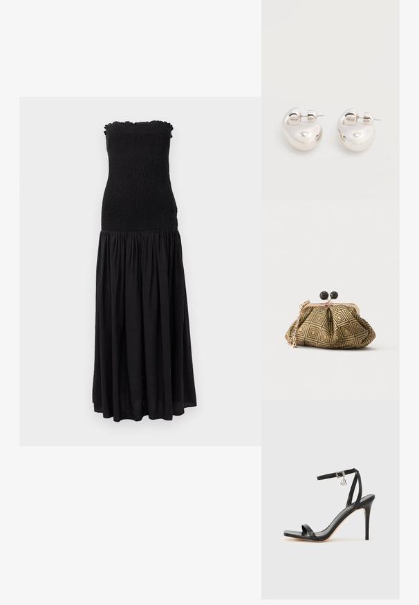 Robe maxi noire avec un corsage smocké, un bord supérieur volanté et une jupe fluide. Le tissu semble léger avec une texture subtile.; Sandale à talon haut noire avec une bride étroite à la cheville, bout carré, cuir lisse et accent de boucle métallique.; Petite pochette avec motif géométrique doré et noir, cadre en métal doré, fermeture à boule noire et une courte chaîne dorée.; Paire de boucles d'oreilles argentées brillantes et épaisses avec fermoirs à tige, sur fond blanc uni.