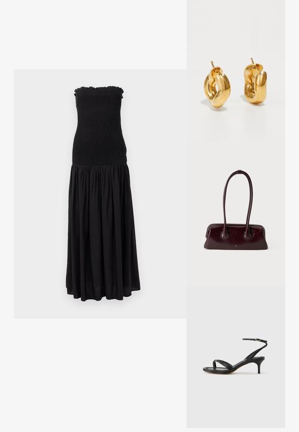 Sort maxikjole med smocket liv, blomstrede kanter og flydende nederdel. Stoffet virker let med en subtil tekstur.; Sort damesandal i læder med tynde remme, en tå-loop, ankelspænde og en mellemhøj stiletthæl på en neutral baggrund.; Mørkebrunt blankt læderhåndtaske med lange, tynde håndtag og en struktureret rektangulær bund på en ensfarvet lys baggrund.; Chunky guld hoop øreringe med et let snoet, rørformet design og postsystem bagpå, på en hvid baggrund.