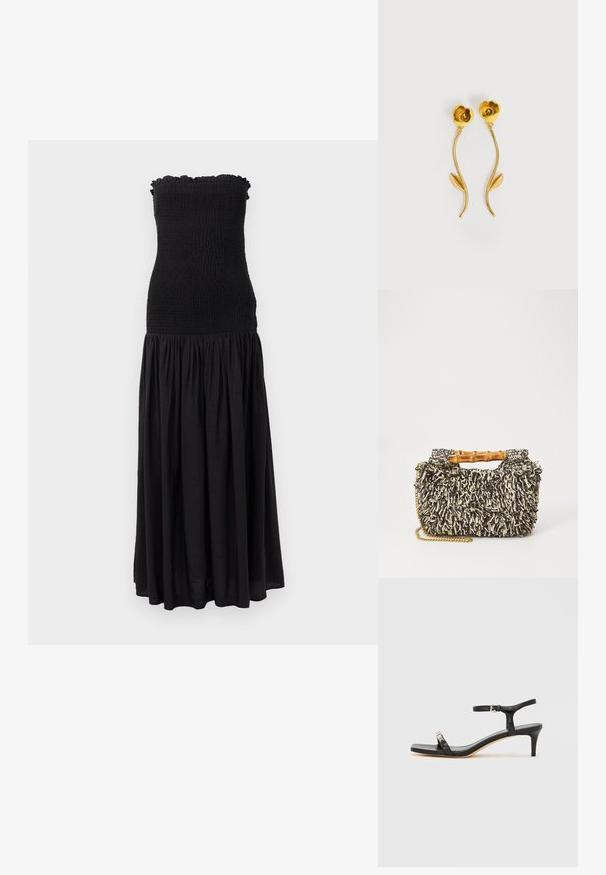 Robe maxi noire avec un corsage smocké, un bord supérieur volanté et une jupe fluide. Le tissu semble léger avec une texture subtile.; Sandale noire en cuir à talon avec bride à la cheville, bout ouvert, devant carré et accent en métal argenté. Design ajusté avec un profil élégant.; Sac tissé avec un motif texturé noir et crème, une poignée en bambou et une bandoulière en chaîne dorée amovible. Forme rectangulaire compacte.; Boucles d'oreilles dorées en forme de fleurs avec des tiges courbées et une seule feuille sur chaque tige, sur fond blanc.