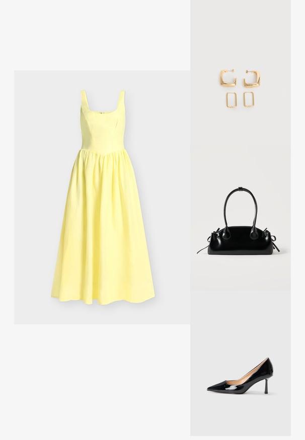Robe maxi jaune sans manches avec un corsage ajusté, un décolleté carré et une jupe ample plissée sur un fond clair.; Chaussure à talon aigu noir en cuir verni avec un bout pointu et un talon stiletto mince de hauteur intermédiaire sur fond blanc.; Petit sac à main noir brillant avec deux longues anses et des détails à cordon sur les côtés sur un fond clair uni.; Deux paires de Boucles d'oreilles créoles géométriques dorées sur une surface blanche unie, une paire carrée et pleine, une paire rectangulaire et creuse.