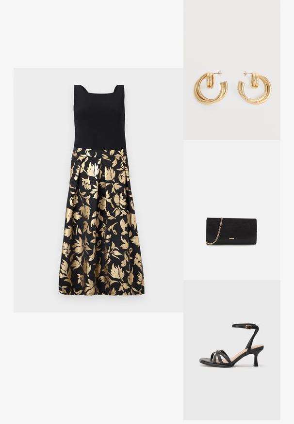 Robe sans manches avec un corsage noir ajusté et une jupe plissée ornée de motifs floraux dorés sur un fond noir.; Sandales à talons noirs avec plusieurs fines lanières sur le bout, une seule lanière à la cheville avec une boucle dorée, et un bout carré.; Porte-monnaie noir en daim avec une finition texturée, doté d'une chaîne dorée et d'un design épuré et angulaire.; Paire de boucles d'oreilles créoles doubles en or brillant avec attaches à tige sur fond blanc.