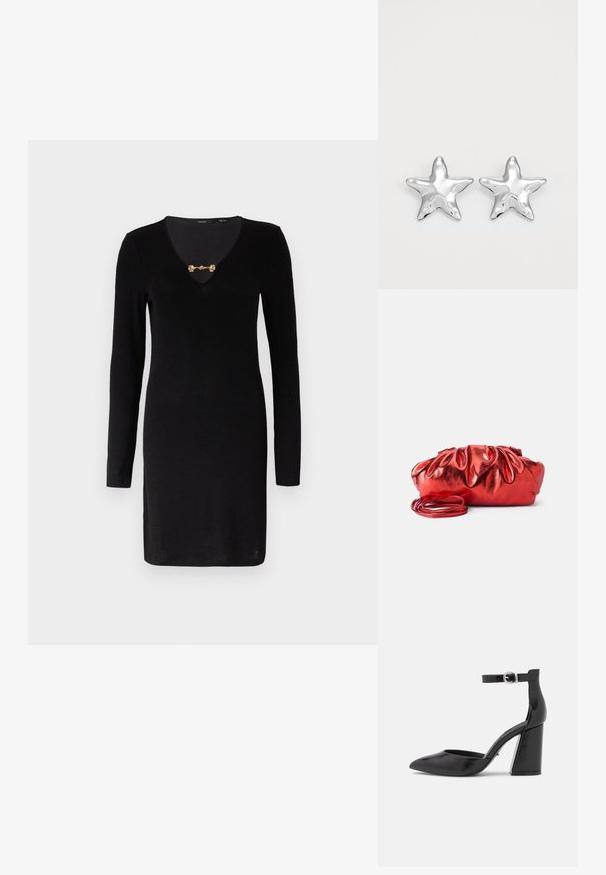 Vestido negro de manga larga con un escote en V profundo, que presenta un broche decorativo dorado en el cuello. Textura suave, diseño ajustado.; ONLY SHOES ONLPAVI - Tacones - black; Bolso de mano metálico rojo con un diseño arrugado y esponjoso. Presenta una correa de hombro larga y delgada, y una textura suave y brillante.; Pendientes en forma de estrella plateada con una superficie pulida y brillante. Cada pendiente presenta cinco puntas y sutiles detalles de textura en la superficie.