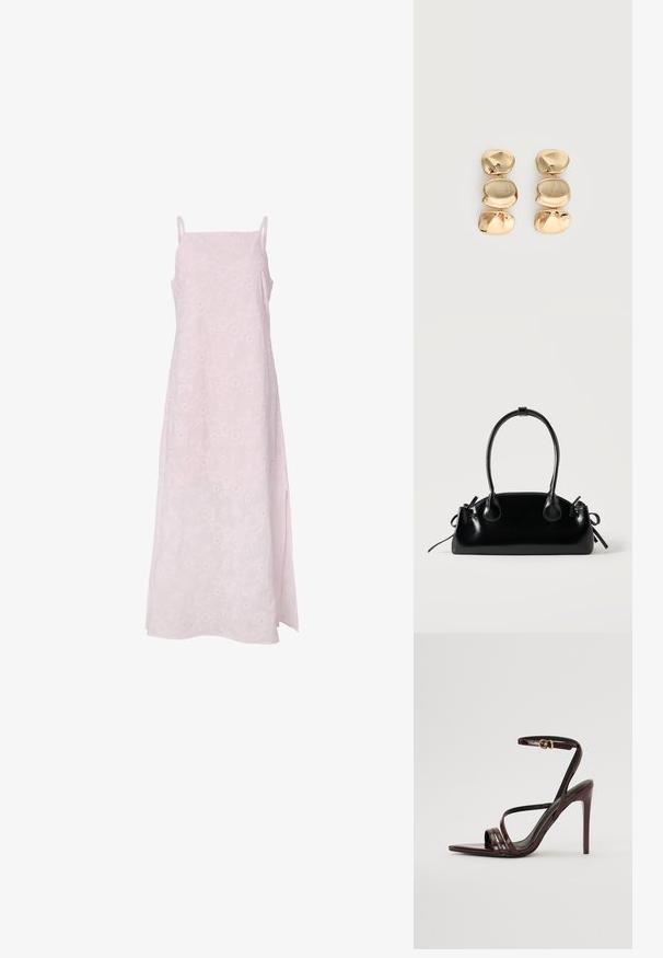 Robe longue rose clair sans manches avec fines bretelles et broderie florale discrète, fente latérale près de l’ourlet, présentée sur fond blanc.; Sandale à talons hauts en cuir verni bourgogne avec une bride de cheville, bout pointu et trois bandes horizontales sur le pied. Détail de boucle dorée.; Petit sac à main noir brillant avec deux longues anses et des détails à cordon sur les côtés sur un fond clair uni.; Boucles d’oreilles pendantes ton or avec trois segments irréguliers, lisses et arrondis empilés verticalement sur un fond clair uni.