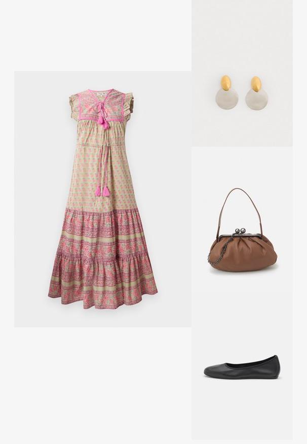 Vestido maxi de tela verde claro con estampado floral rosa, dobladillo con patrón contrastante, mangas con volantes y acentos de borlas rosas.; Bailarina de piel negra con punta redondeada, textura suave, detalle de costura minimalista y diseño de suela flexible.; Bolso de cuero marrón con un diseño gather, una asa corta de cuero y una correa de cadena. Presenta un cierre de metal plateado con dos acentos redondos.; Pendientes de metal dorado y plateado con base de disco redondo y pieza superior ovalada, textura suave y acabado pulido.