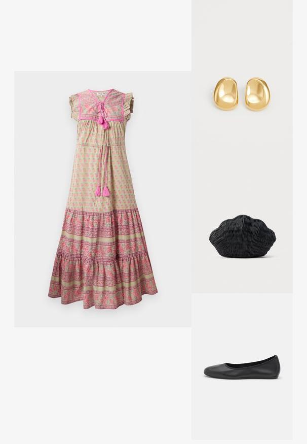 Vestido maxi de tela verde claro con estampado floral rosa, dobladillo con patrón contrastante, mangas con volantes y acentos de borlas rosas.; Bailarina de piel negra con punta redondeada, textura suave, detalle de costura minimalista y diseño de suela flexible.; Bolso de mimbre negro con forma de concha de vieira con parte superior curva y textura tejida sobre un fondo liso.; Pendientes de studs en color dorado con una forma suave y redondeada y una superficie reflectante, que exhiben un diseño minimalista y sin patrones visibles.