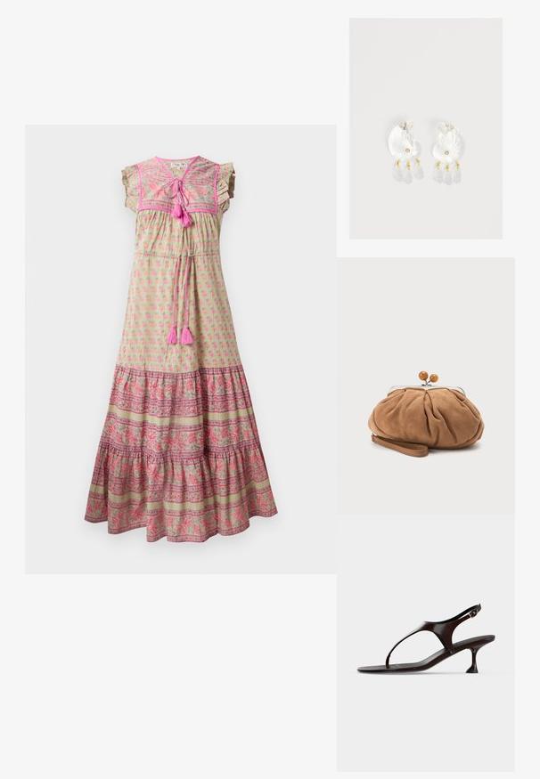 Maxi-Kleid aus hellgrünem Stoff mit pinkem Blumenmuster, kontrastierendem gemusterten Saum, Rüschensäumen und pinken Quastenakzenten.; Dunkelbraune Lackleder-Slingback-Sandale mit kittenabsatz und Zehensteg auf weißem Hintergrund.; Kleine weiche braune Wildleder-Clutch mit gerafftem Stoff, Metallverschluss, Holzperlenakzenten und Handgelenkschlaufe vor weißem Hintergrund.; Klare Harz-Ohrringe in Muschelform mit kleinen goldenen Akzenten und drei hängenden durchsichtigen tropfenförmigen Anhängern an jedem Ohrring.