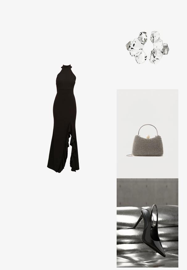 Zwarte halterjurk met een getailleerde lijfstijl en een uitlopende rok met een gerimpelde uitsnijding aan de voorkant. Gemaakt van een zachte stof.; Glanzende zwarte slingback pump met hoge hak, gebalanceerd op een glanzend zilverkleurig metalen kussen met een gladde textuur.; Kleine handtas met zilverkleurig rasterpatroon, gebogen handvat, grote parel sluiting en een dunne zilveren kettingriem op een effen achtergrond.; Cluster van zes onregelmatig gevormde, doorschijnende en reflecterende glasachtige stukken die zijn gerangschikt op een witte achtergrond.