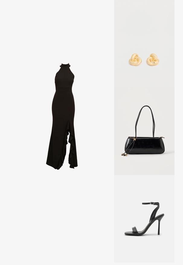 Robe noire à col halter avec un corsage ajusté et une jupe évasée dotée d'un détail à fente froncée sur le devant. Fabriquée en tissu lisse.; Sandale à talons hauts noire avec une fine sangle au niveau de la cheville et deux bandes à l'avant. Fabriquée en cuir lisse avec un bout pointu élégant et un talon aiguille.; Sac à main rectangulaire noir avec deux longues bandoulières, détail anneau doré et fermeture éclair sur un fond clair uni.; Paire de clous d'oreilles en forme de nœud, couleur or brillant, sur un fond blanc uni.