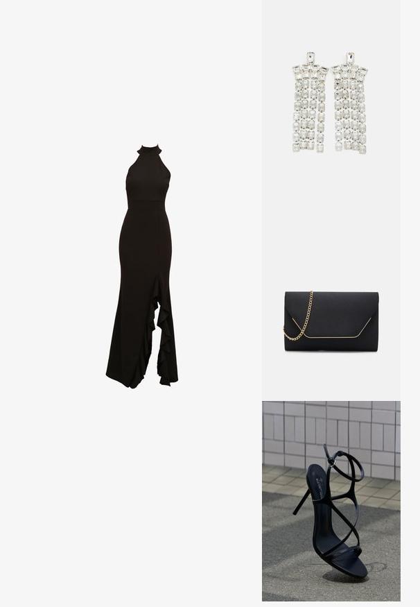 Robe noire à col halter avec un corsage ajusté et une jupe évasée dotée d'un détail à fente froncée sur le devant. Fabriquée en tissu lisse.; Sandale noire à talon haut avec fines lanières et boucle à la cheville, positionnée debout sur un trottoir gris près d'un mur carrelé en arrière-plan.; Pochette noire au toucher lisse, dotée d'une chaîne en or et d'une fermeture à rabat géométrique rehaussée de doré.; Boucles d'oreilles en cristal avec des accents en métal argenté, ornées de plusieurs pierres taillées en rectangles et carrés disposées en rangées en cascade.