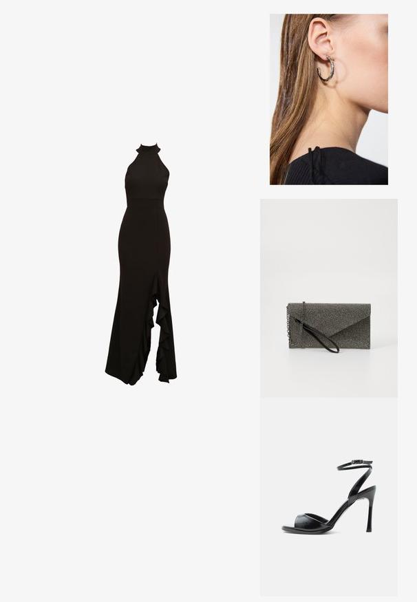 Robe noire à col halter avec un corsage ajusté et une jupe évasée dotée d'un détail à fente froncée sur le devant. Fabriquée en tissu lisse.; Sandale noire à talon haut avec bout ouvert, talon stiletto fin et bride de cheville avec boucle sur fond blanc.; Pochette en métal gris avec un motif en maille texturé, design en enveloppe, bandoulière en chaîne et une fine sangle de poignet élégante.; Boucle d'oreille en argent avec une finition polie, présentant de petits détails en or et de forme ronde, portée sur le lobe.