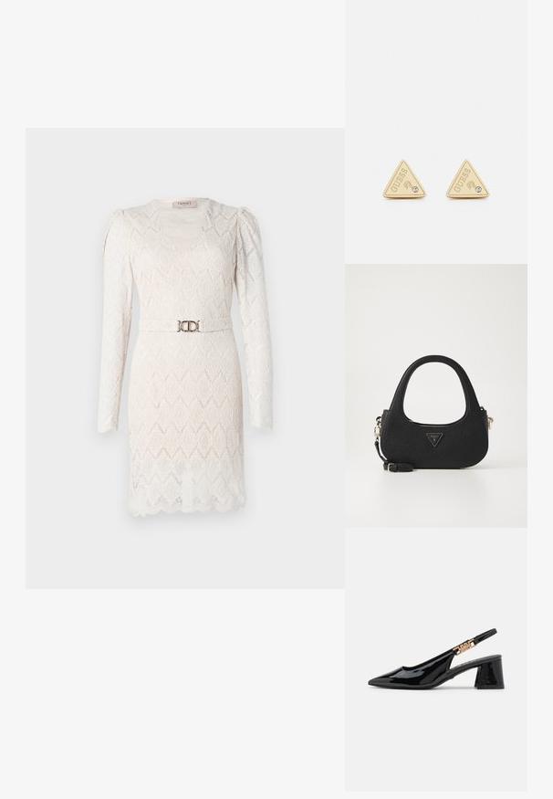 Vestido de encaje en blanco roto con mangas largas, escote en V y una textura estampada. Presenta un cinturón en tono plateado en la cintura para acentuar.; Zapatos de charol negro con tacón de pala y puntera afilada, con detalles en tono dorado en la correa, que presentan un tacón cuadrado. Textura suave.; Bolso de tela negro con un asa curvada, que presenta un logotipo triangular y una correa desmontable. Superficie texturizada y diseño minimalista.; Guess PARTY - Pendientes - gold-coloured