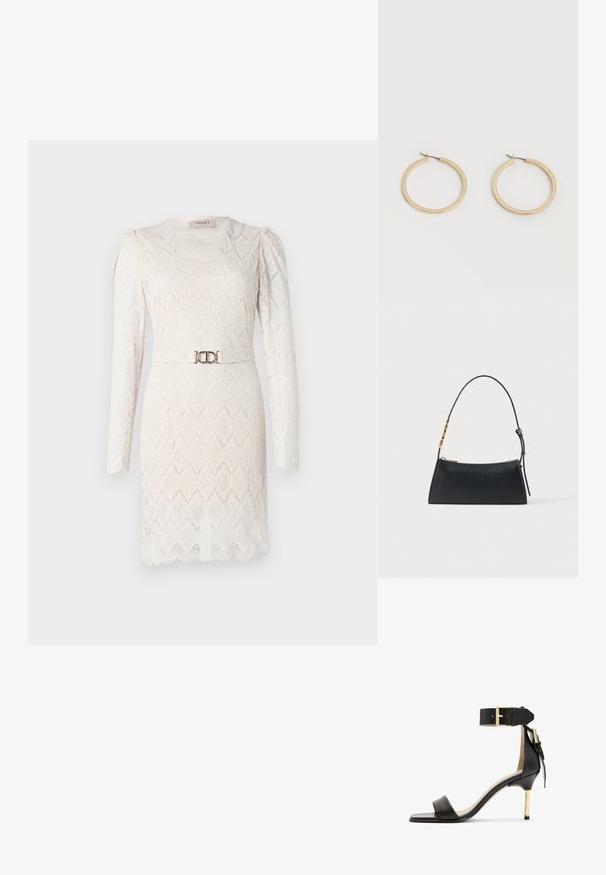Pitkähihaista, off-white-väristä pitsimekkoa, jossa on V-pääntie ja kuvioitu pinta. Mekossa on hopeanvärinen vyö vyötäröllä korostamassa silhouettia.; Musta nahkainen korkokenkä, jossa on neliönmuotoinen kärki, nilkkahihna, jossa on kultainen solki, ja hoikka metallinen korko. Sileä pinta, minimalistinen muotoilu.; Mustasta nahasta valmistettu käsilaukku, jossa kullanvärinen vetoketju ja säädettävä hihna, joka sisältää kultaiset suorakaiteen muotoiset yksityiskohdat valkoisella taustalla.; Pari sileitä, kultasävyisiä keskipitkiä rengaskorvakoruja saranakiinnityksillä yksinkertaisella vaalealla taustalla.